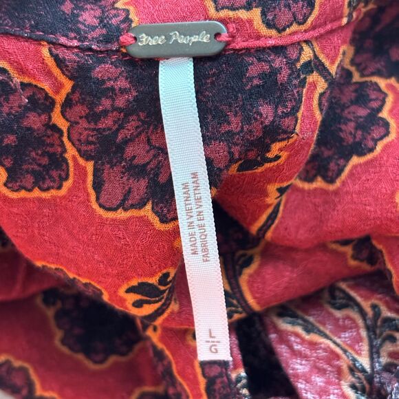 Free People Women Mia Floral Print Tie Neck Tunic Boho Rust Orange Large D127 - Picture 8 of 11